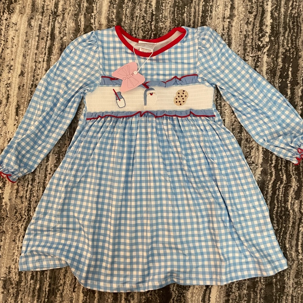 Blue Gingham Smocked Kids Dress with Red Trim